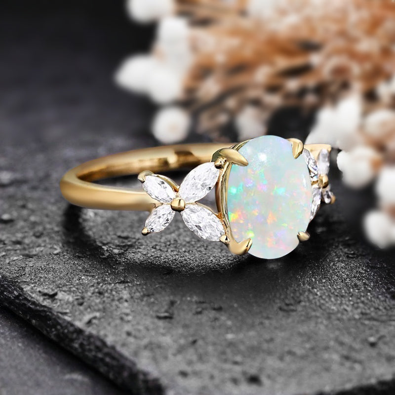 Bague de fiançailles vintage ovale en pierre de lune, bague de promesse unique en opale et moissanite
