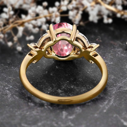 Vintage Oval Pink Sapphire Engagement Ring Unique Oval Pink Sapphire Moissanite Sidestones Promise Ring