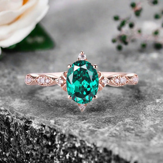 Emerald Ring Dainty Ring Oval Cut Emerald Engagement Ring Art Deco June Birthstone Ring Promise Ring Gift For Her