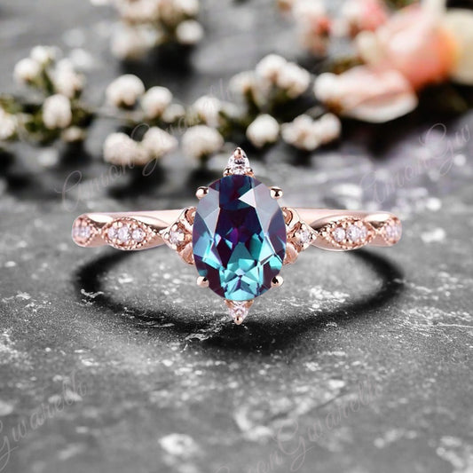 Alexandrite Ring Dainty Ring Oval Cut Alexandrite Engagement Ring Art Deco June Birthstone Ring Promise Ring Gift For Her