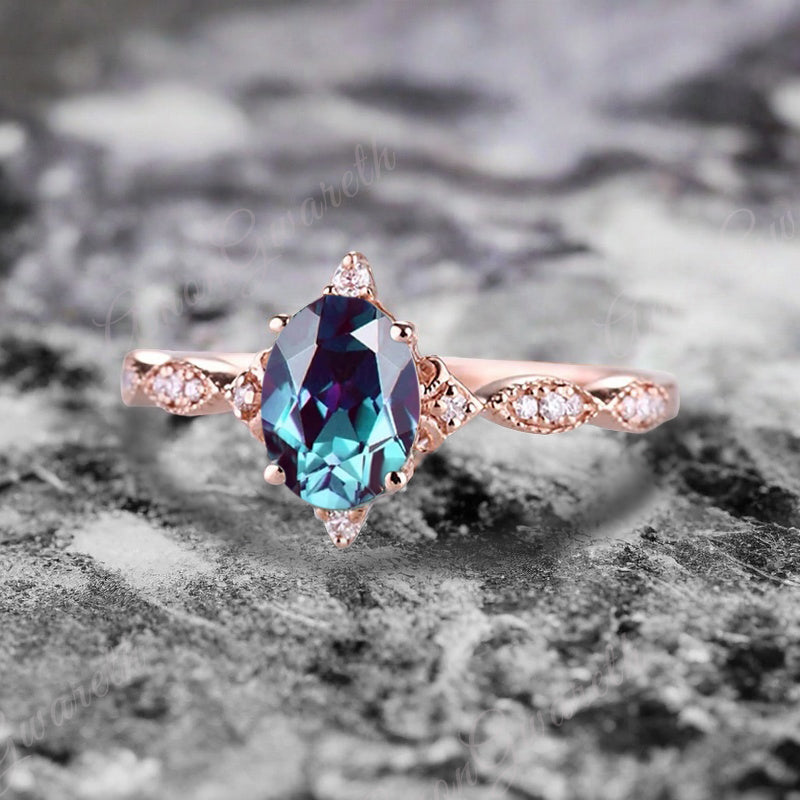 Alexandrite Ring Dainty Ring Oval Cut Alexandrite Engagement Ring Art Deco June Birthstone Ring Promise Ring Gift For Her