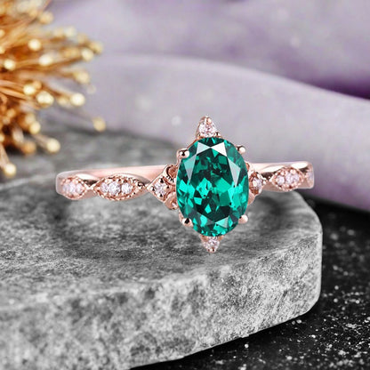 Emerald Ring Dainty Ring Oval Cut Emerald Engagement Ring Art Deco June Birthstone Ring Promise Ring Gift For Her