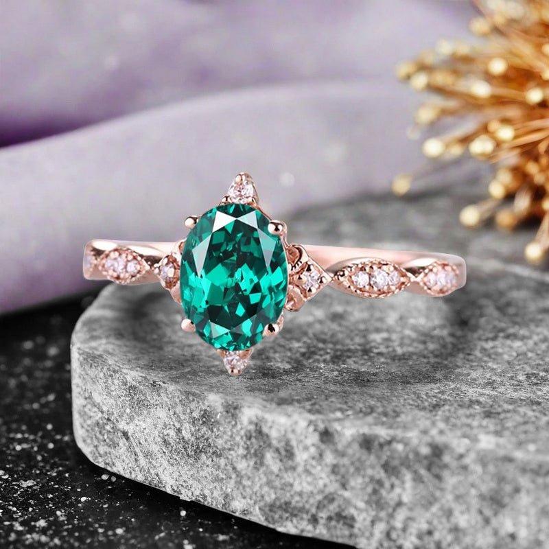 Emerald Ring Dainty Ring Oval Cut Emerald Engagement Ring Art Deco June Birthstone Ring Promise Ring Gift For Her