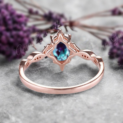 Alexandrite Ring Dainty Ring Oval Cut Alexandrite Engagement Ring Art Deco June Birthstone Ring Promise Ring Gift For Her