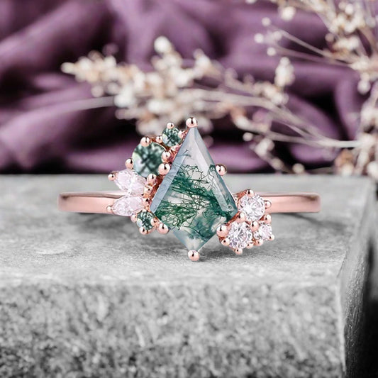 Vintage Kite Shape Moss Agate Ring Unique Promise Bridal Ring