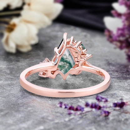 Vintage Kite Shape Moss Agate Ring Unique Promise Bridal Ring