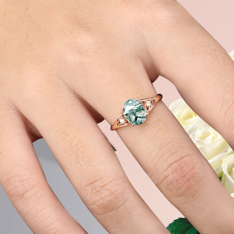 Oval Cut Moss Agate Engagement Ring Vintage Unique Rose Gold Green Agate Wedding Ring Handmade Bridal Promise Ring Anniversary Gift Ring