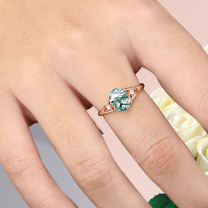 Oval Cut Moss Agate Engagement Ring Vintage Unique Rose Gold Green Agate Wedding Ring Handmade Bridal Promise Ring Anniversary Gift Ring