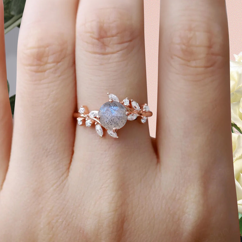 Art Deco Nature Labradorite Engagement Ring Vintage Round Cut Labradorite Cluster Promise Ring Grey Gemstone Bridal Leaf Ring Custom Jewelry