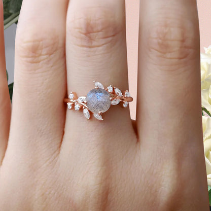 Art Deco Nature Labradorite Engagement Ring Vintage Round Cut Labradorite Cluster Promise Ring Grey Gemstone Bridal Leaf Ring Custom Jewelry