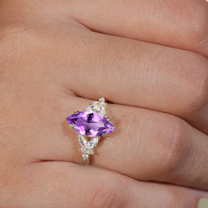 Marquise cut Amethyst Engagement ring set Vintage Rose Gold Cluster Marquise cut Diamond Bridal set Promise Anniversary Ring Set Women
