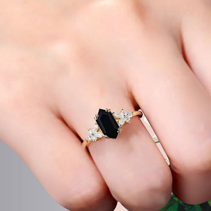 Bague de fiançailles vintage en saphir bleu-vert taille hexagonale Bague de promesse de mariage en saphir bleu-vert