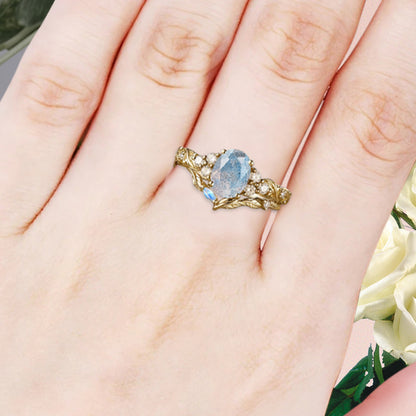 Vintage Oval Shape Labradorite Engagement Ring Set Unique Labradorite Gemstone Promise Bridal Ring Set Anniversary Gift