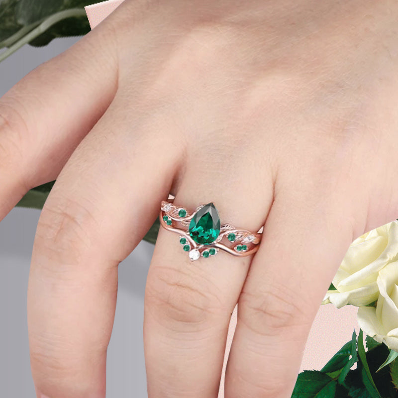 Bague de fiançailles vintage en forme de poire avec aigue-marine, ensemble de bagues de mariage uniques, cadeau d'anniversaire