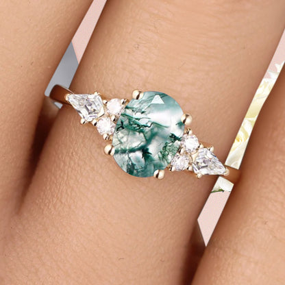 Unique Vintage Moss Agate Engagement Ring 14K Rose Gold Oval Cut Natural Moss Agate Wedding Promise Ring Handmade Ring Anniversary Rings For Women