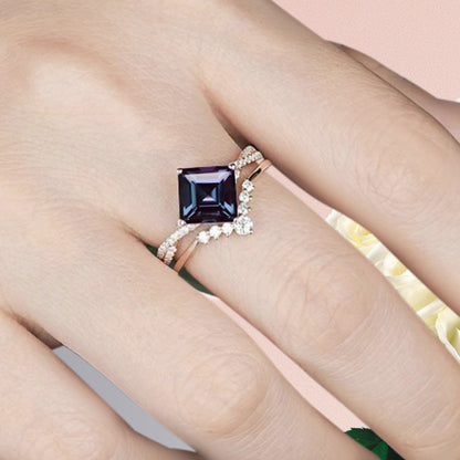 Vintage Princess Cut Ring, Alexandrite Engagement Ring, Sterling Silver Ring, Handmade 18K Gold Art Deco Promise Ring