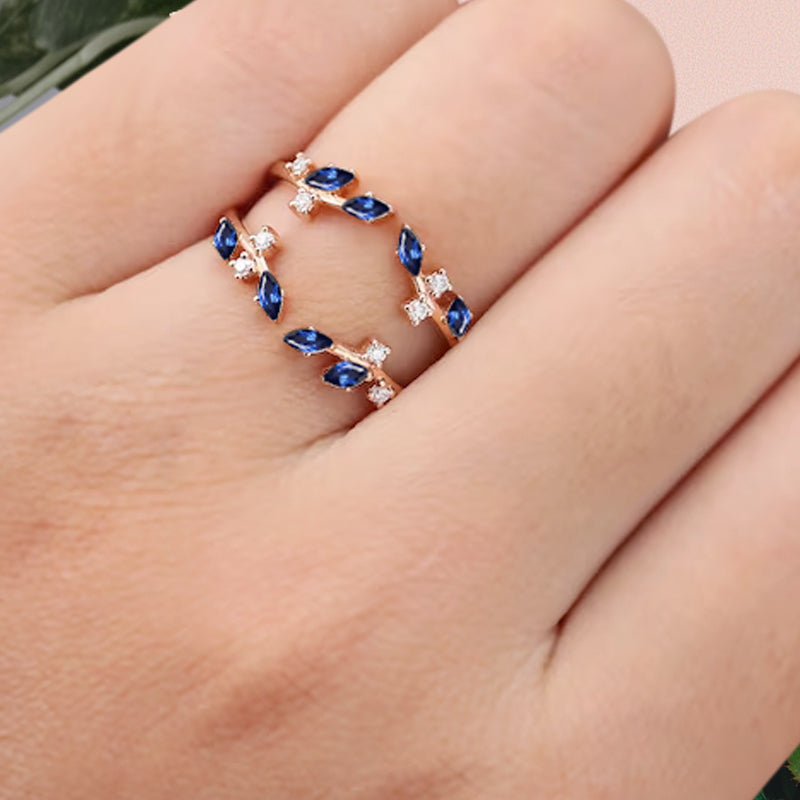 Marquise cut Blue Topaz wedding band Unique Rose gold enhancer band vintage Blue Topaz double band Open wedding band leaf ring Anniversary