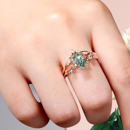 18k Solid Gold Moss Agate Ring Set, Nature Leaf Solitaire Ring Green Healing Gemstone Ring Set, Everyday Wear Thin Ring Promise Ring For Women