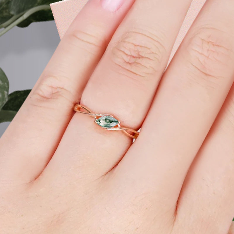 Marquise cut Moss Agate wedding band Unique 14k Rose gold wedding band Anniversary ring