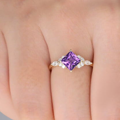 Vintage Princess Cut Ring, Amethyst Engagement Ring, September Birthstone Sterling Silver Ring, Handmade 18K Gold Art Deco Promise Ring