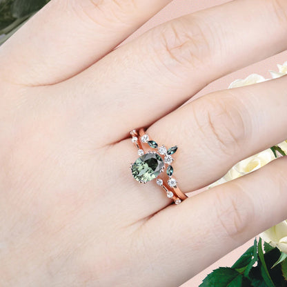 Vintage Oval Shape Tsavorite Enhancer Ring Set Unique Tsavorite Gemstone Promise Bridal Ring Set