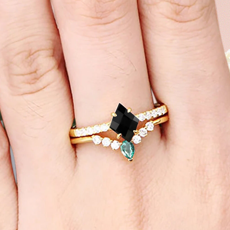 Vintage Kite Cut Black Onyx engagement ring set Rose gold Stackable ring unique bridal wedding ring set gift