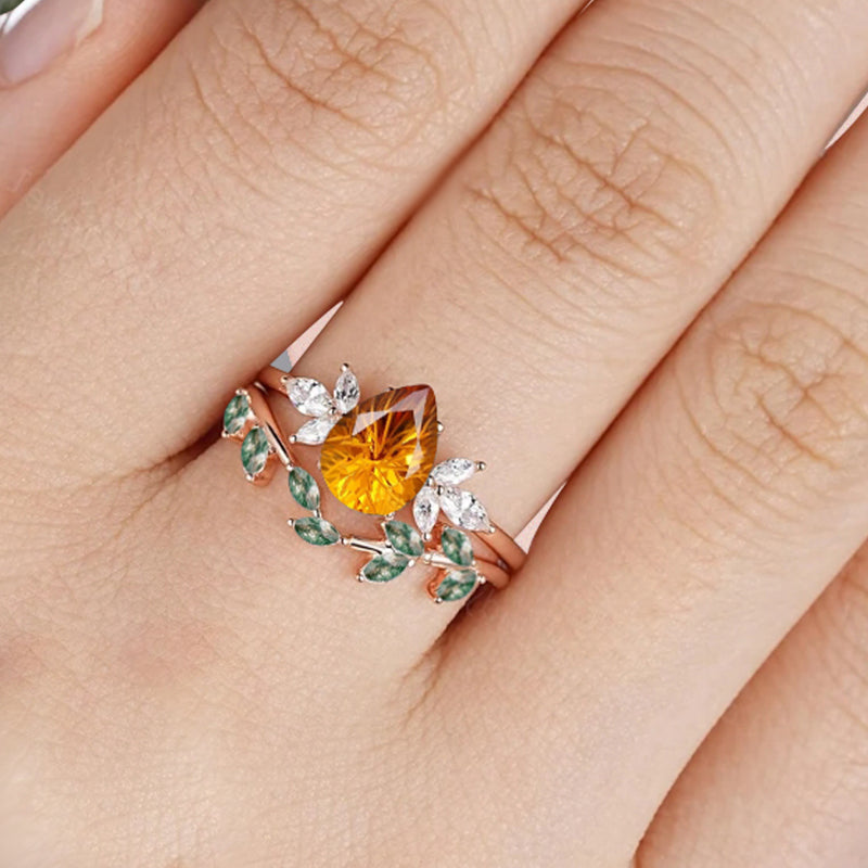 Vintage Pear Shape Citrine Enhancer Ring Set Unique Moissanite Gemstone Promise Bridal Ring Set
