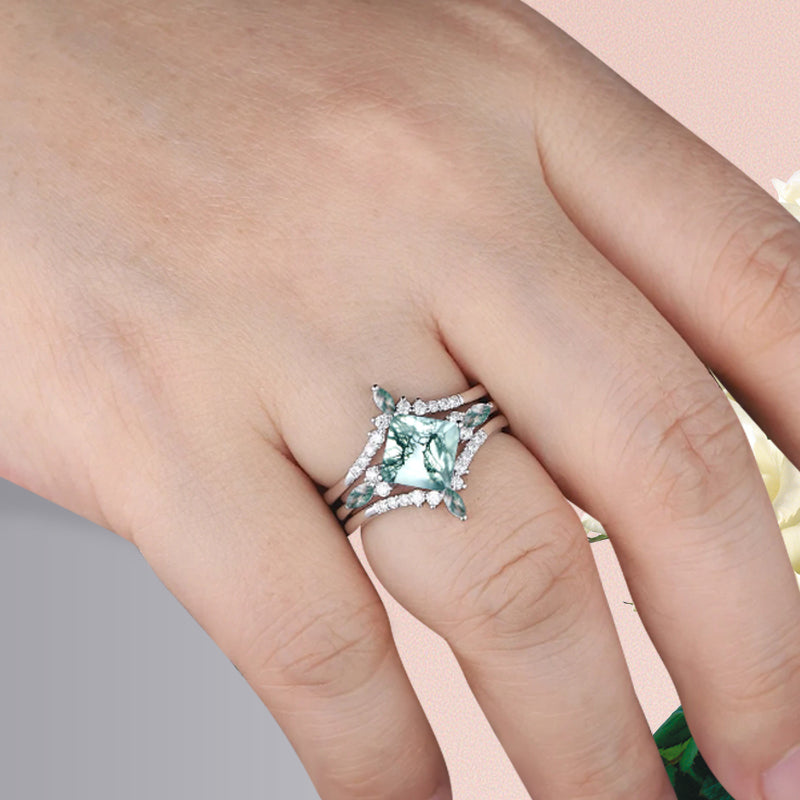 Moss Agate engagement ring set nature inspired engagement ring Unique Rose gold princess cut ring wedding bridal promise