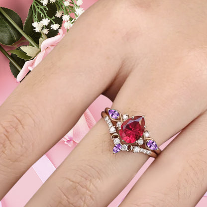 Bague de fiançailles vintage en forme de poire avec aigue-marine, ensemble de bagues de mariage uniques, cadeau d'anniversaire