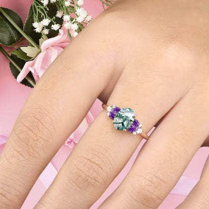 Vintage Oval Moss Agate Engagement Ring Unique Amethyst Sidestones Oval Gemstone Promise Ring