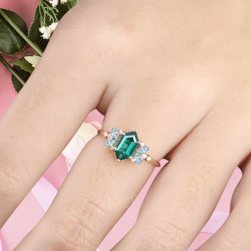 Vintage Hexagon Cut Emerald Engagement Ring Aquamarine Side Stone Wedding Promise Bridal Ring