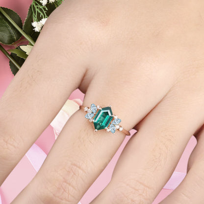 Vintage Hexagon Cut Emerald Engagement Ring Aquamarine Side Stone Wedding Promise Bridal Ring