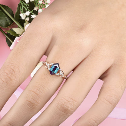 Hexagon Cut Alexandrite Engagement Ring Unique Alexandrite Moissanite Wedding Ring Gift For Her