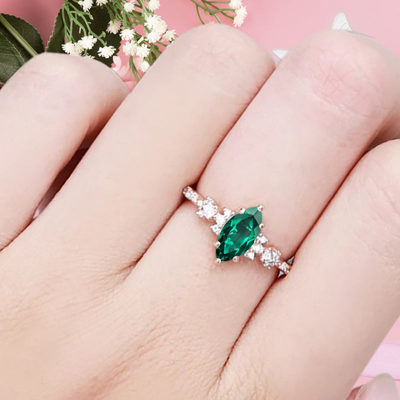 Vintage Marquise Cut Natural Emerald Engagement Ring Sets Nature Inspired Moissanite Cluster Promise Ring Rose Gold Art Deco Women Gift