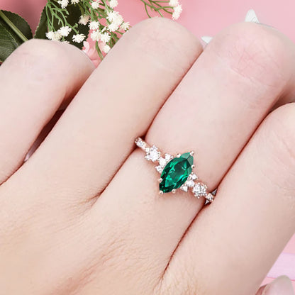 Vintage Marquise Cut Natural Emerald Engagement Ring Sets Nature Inspired Moissanite Cluster Promise Ring Rose Gold Art Deco Women Gift