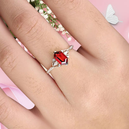Hexagon Ruby Engagement Ring Moissanite Cluster Promise Ring Rose Gold Art Deco Ring Custom Handmade Bridal Ring