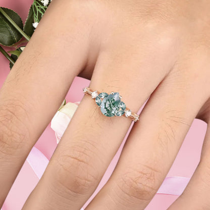 Vintage Pear Moss Agate Engagement Ring Unique Moissanite Sidestones Pear Gemstone Promise Ring