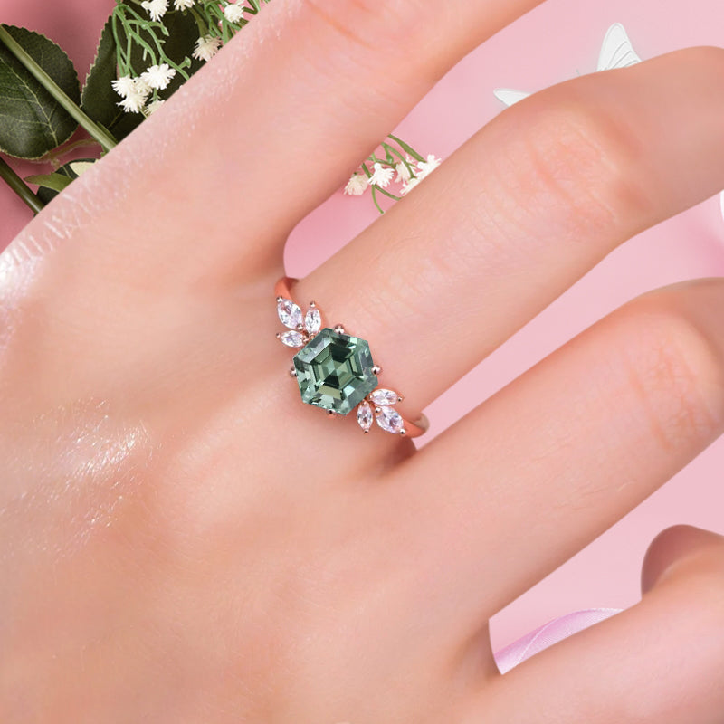 Vintage Green Agate Wedding Ring Hexagon Cut Tsavorite Engagement Ring Unique Bridal Ring Art Deco Tsavorite Ring Anniversary Gift Ring
