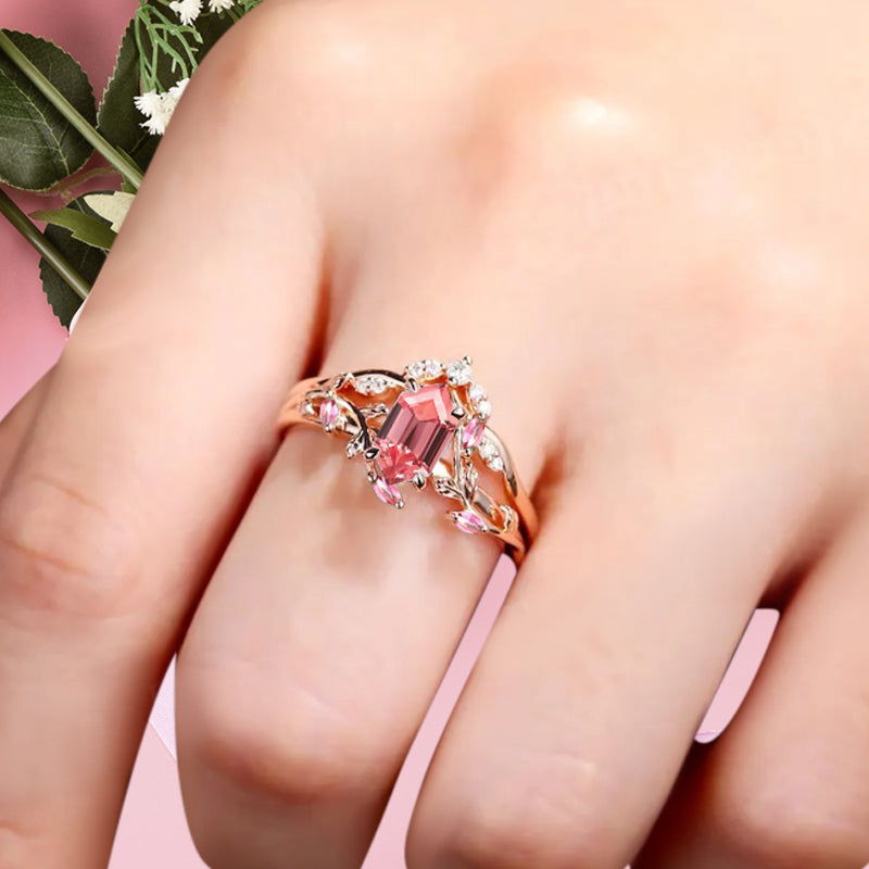 18k Solid Gold Pink Sapphire Ring Set, Nature Leaf Solitaire Ring Pink Healing Gemstone Ring Set, Everyday Wear Thin Ring Promise Ring For Women