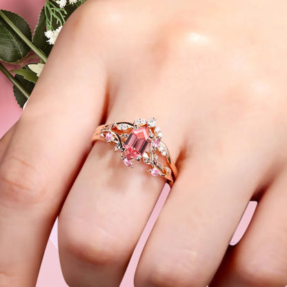 18k Solid Gold Pink Sapphire Ring Set, Nature Leaf Solitaire Ring Pink Healing Gemstone Ring Set, Everyday Wear Thin Ring Promise Ring For Women