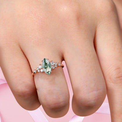 Vintage Marquise Moss Agate Engagement Ring, Rose Gold Moissanite Cluster Custom Sterling Silver Wedding Ring Promise Ring Gift for her