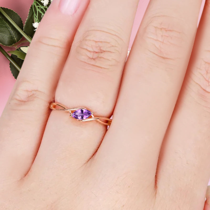 Marquise cut Amethyst wedding band Unique 14k Rose gold wedding band Anniversary ring