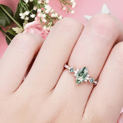 Vintage Marquise Cut Natural Moss Agate Engagement Ring Sets Nature Inspired Moissanite Cluster Promise Ring Rose Gold Art Deco Women Gift