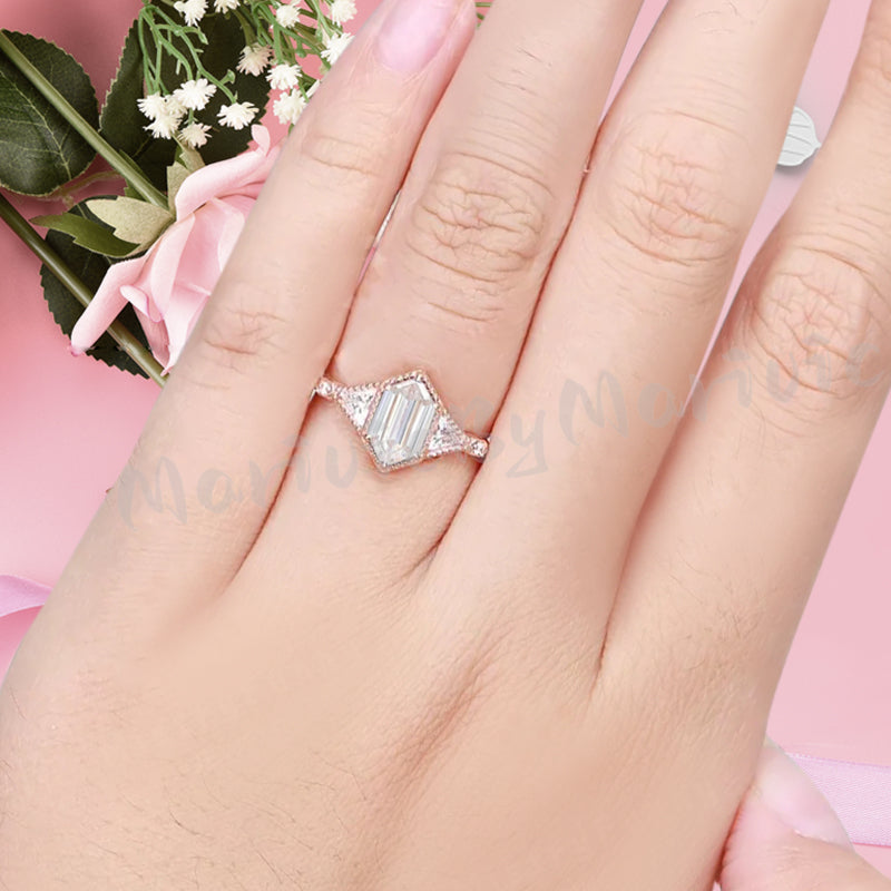 Hexagon Cut Natural Moissanite Ring Art Deco Moissanite Rose Gold Covered Ring Handmade Rose Gold Bridal Promise Ring