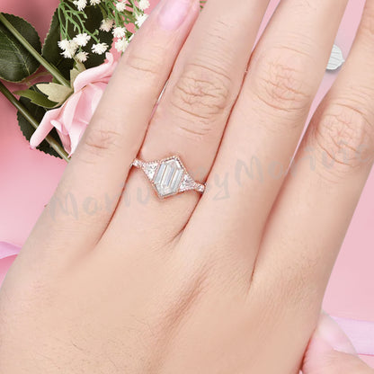 Hexagon Cut Natural Moissanite Ring Art Deco Moissanite Rose Gold Covered Ring Handmade Rose Gold Bridal Promise Ring
