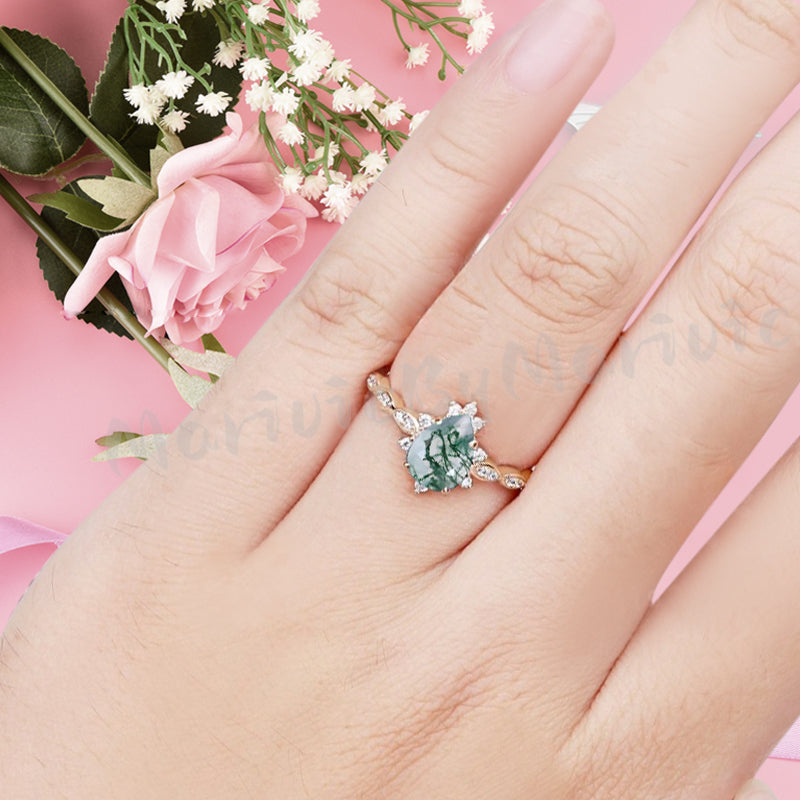 Moss Agate Ring Dainty Ring Pear Cut Moss Agate Engagement Ring Art Deco Promise Ring Gift For Her