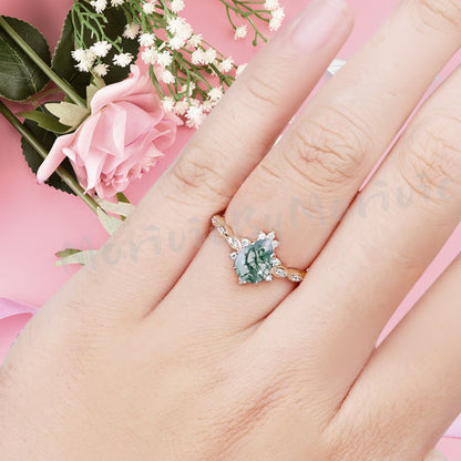 Moss Agate Ring Dainty Ring Pear Cut Moss Agate Engagement Ring Art Deco Promise Ring Gift For Her