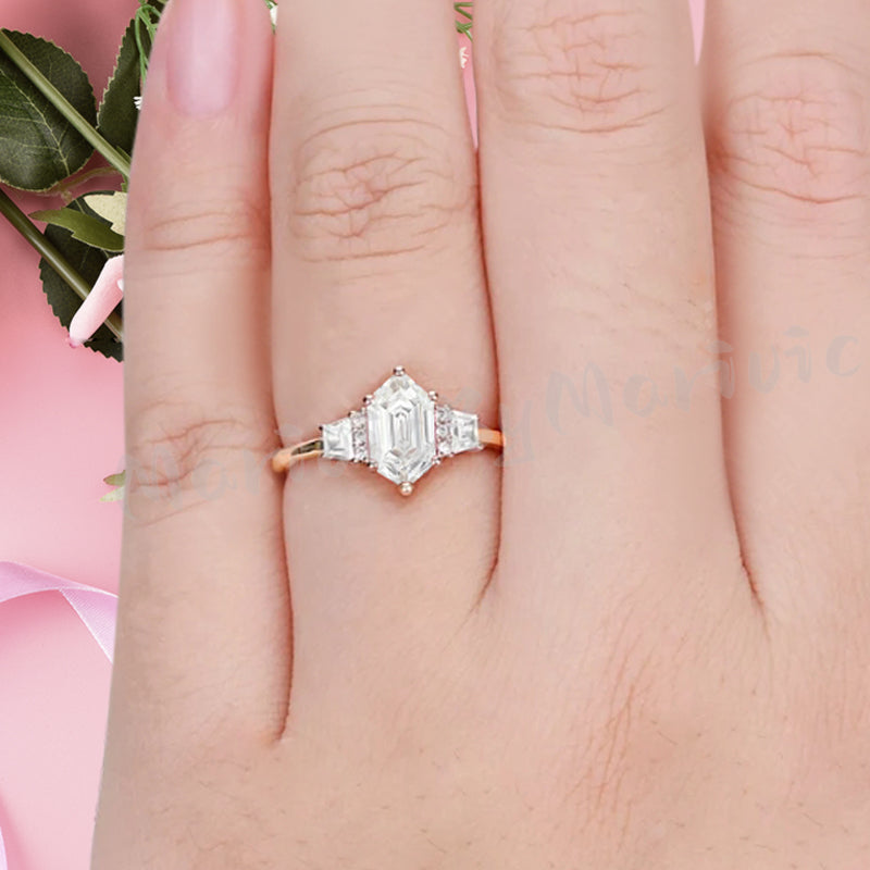 Vintage Hexagon Cut Natural Moissanite Ring Unique Moissanite Engagement Ring Art Deco Moissanite Ring Handmade Rose Gold Bridal Promise Ring