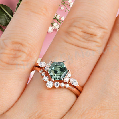 Vintage Hexagon Cut Tsavorite Engagement Ring Set 14k Rose Gold Bridal Ring Set Unique Green Tsavorite Wedding Ring Set Women Anniversary Gift