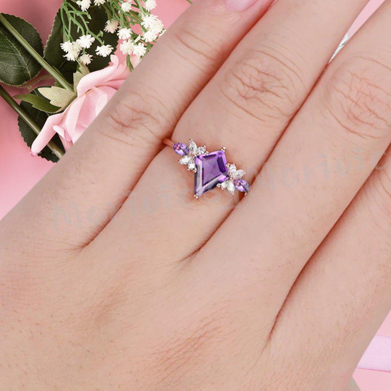 Vintage Kite Cut Violet Amethyst Engagement Ring 10k Rose Gold Butterfly Shape Moissanite Women Unique Bridal Wedding Ring